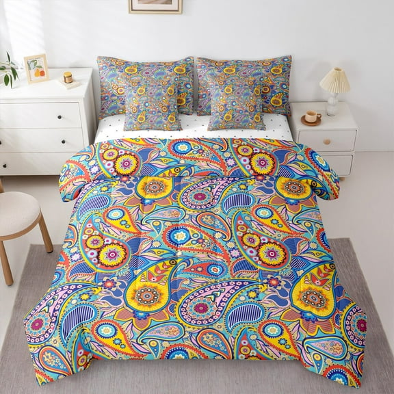 Manfei Vintage Groovy Flower 7-Piece Twin Bedding Sets,Paisley Flower Bedding Comforter Set,Hippie Flowers Bohemian Sheet Sets For Kids,Luxury Bedroom Decor Reversible