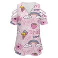 thumbnail image 4 of Cute Cartoon Pink Rainbow, Ice Cream Flowers Womens Summer V Neck Zipper Top Short Sleeve T Shirt Off Shoulder Top Casual Classy Loose Shirts, 4 of 7