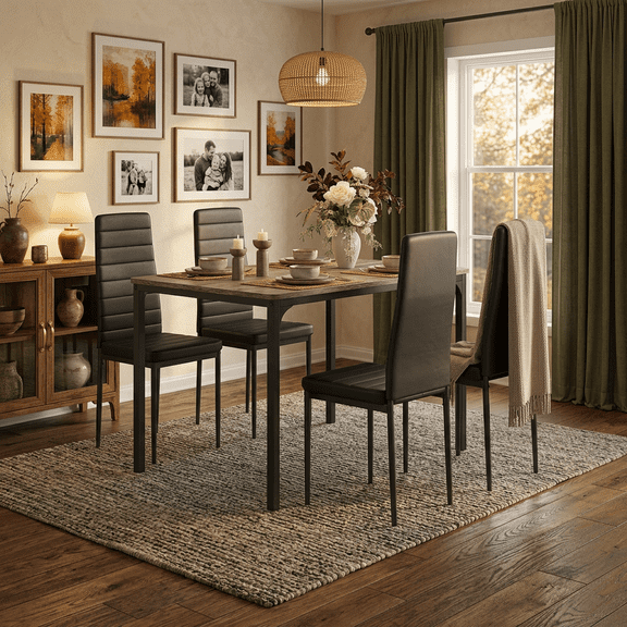5 Pieces Dining Table Set for 4, Modern Wooden Kitchen Table and 4 Upholstered PU Leather Chairs, Small Dinette for Dining Room, Breakfast Nook, Apartment-Gray Tabletop