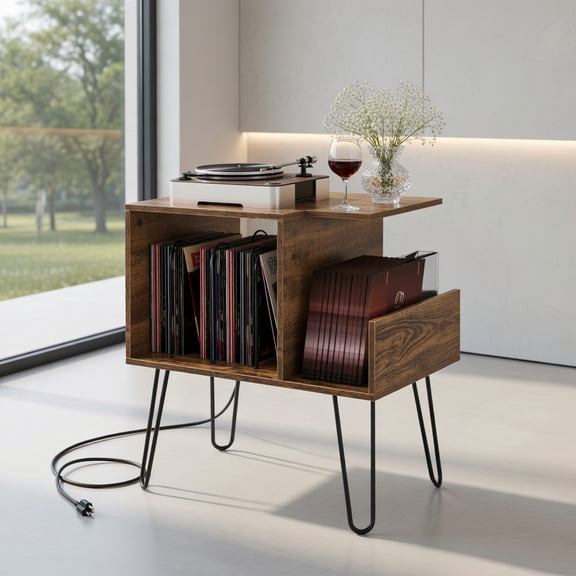 Resenkos Nightstand,Desktop Table,Side Table,End Tables,Beside Table,Mid-century Record Player Stand with Power Outlet and Vinyl Divider-Rustic Brown