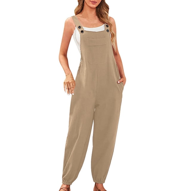 Gibobby pantalones deportivos Mono sin mangas para mujer, mono informal liso de verano, pantalones con pechera, mono con botones y bolsillos con botones(Caqui, XXL)