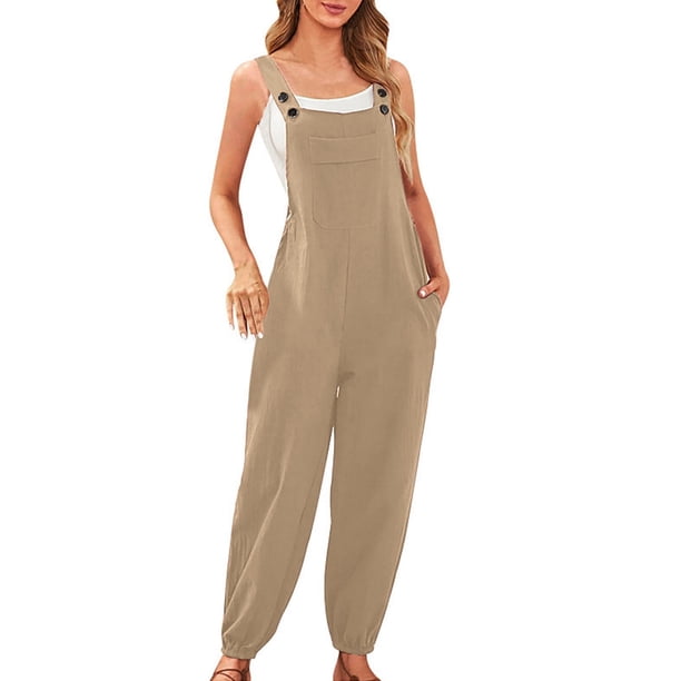 Gibobby pantalones deportivos Mono sin mangas para mujer, mono informal liso de verano, pantalones con pechera, mono con botones y bolsillos con botones(Caqui, XXL)