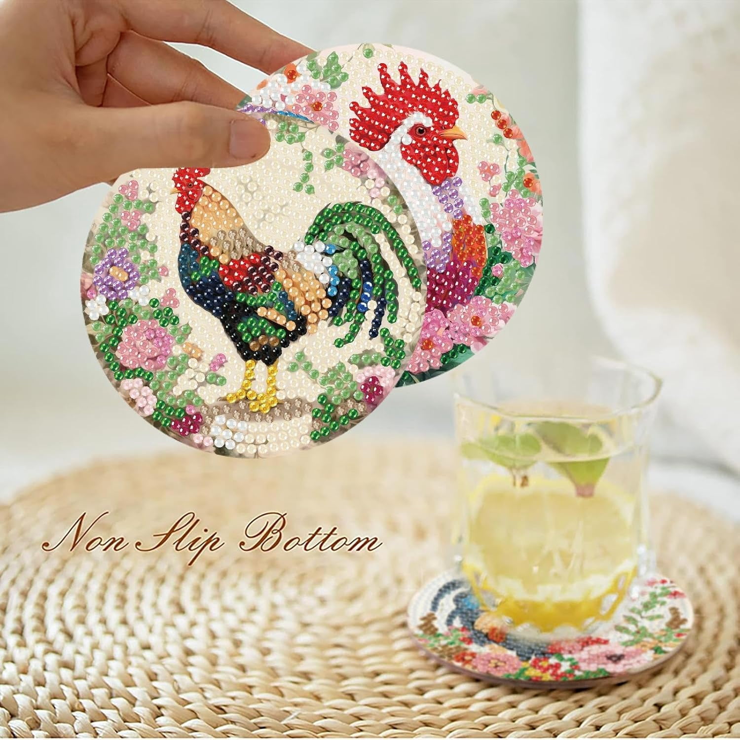 8 Pcs Animals Diamond Art Coasters Kits with Holder, Chicken Diamond Painting Coasters Kits for Adults, DIY 5D Diamond Dots Small Mini Kit Full Drill Art Craft Supplies 4X4 Inch