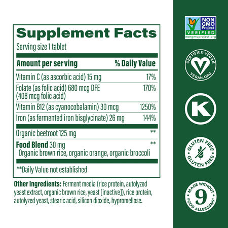 MegaFood, Blood Builder, Iron Supplement, Support Energy and Combat Fatigue without Nausea or Constipation, Non-GMO, Vegan, 90 Tablets