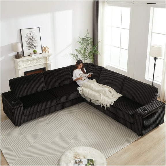 JERFIT Modern Large Sectional Sofa with Storage, USB Charging, Cup Holders & Comfortable Corduroy Fabric for Living Room