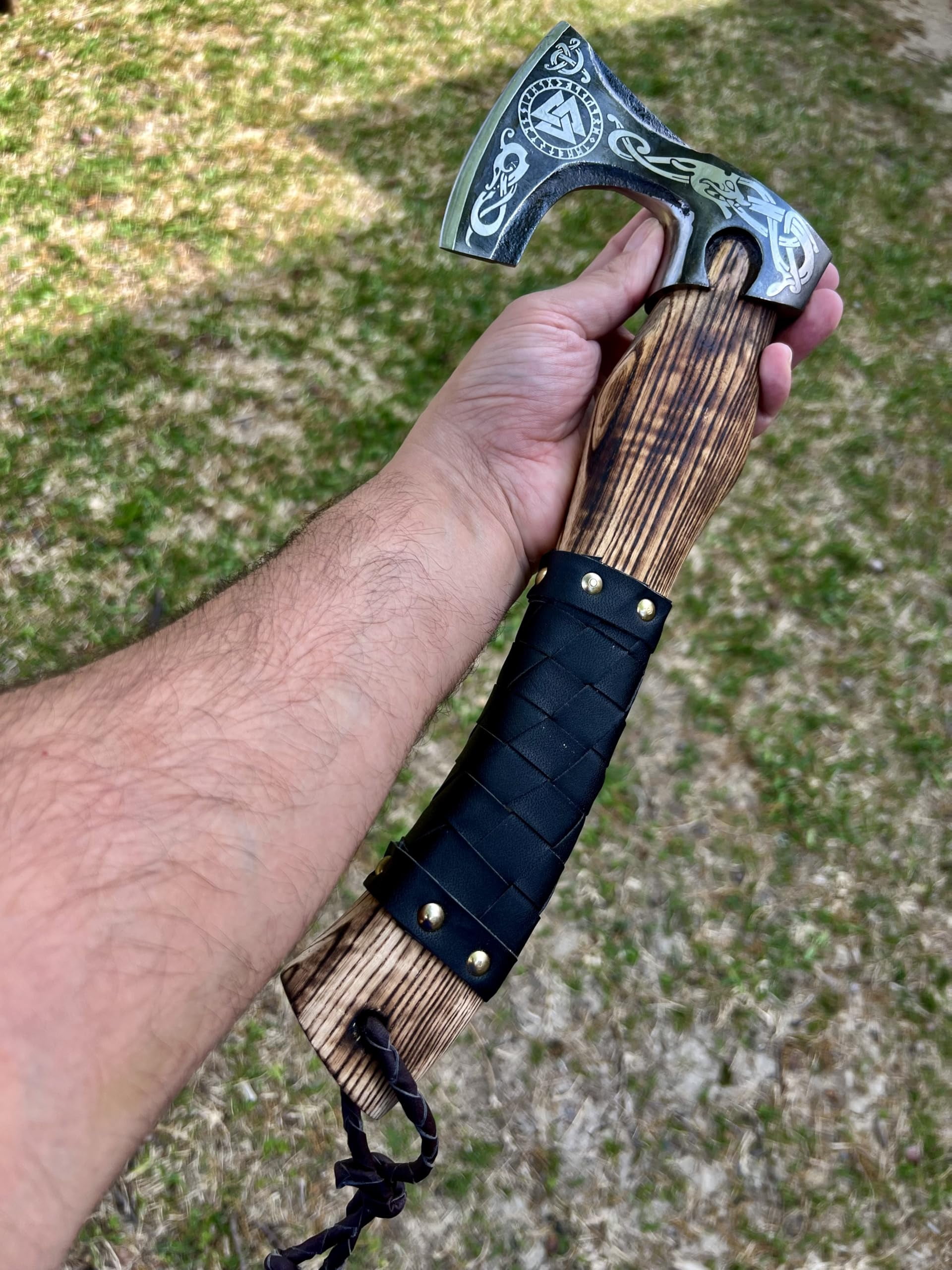 Poshland AX-7006 Handmade Camping Hatchet with Wooden Handle, Carbon Steel Outdoor Chopping Tool with Leather Sheath (15”)