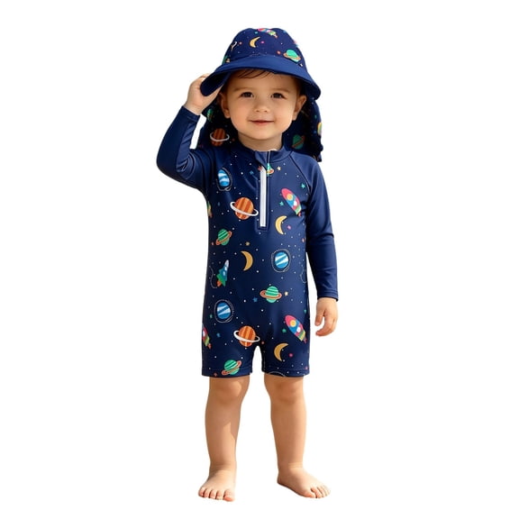 Vividxx Boys One Piece Swimsuit Summer Baby Boys Full Swimsuit With Long Sleeves And Zip Front Two Piece Swim With Starry Rocket Print For Summer Beach Vacation