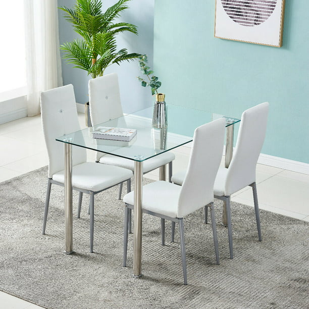 Kitchen Dining Table Set, Glass Dining Room Table With White Leather Chairs