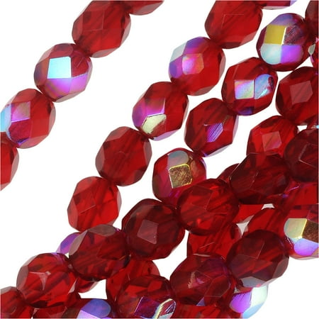 Carats Ruby Sapphire Beads - Czech Fire Polished Glass Beads 6mm Round Ruby Red AB (25)