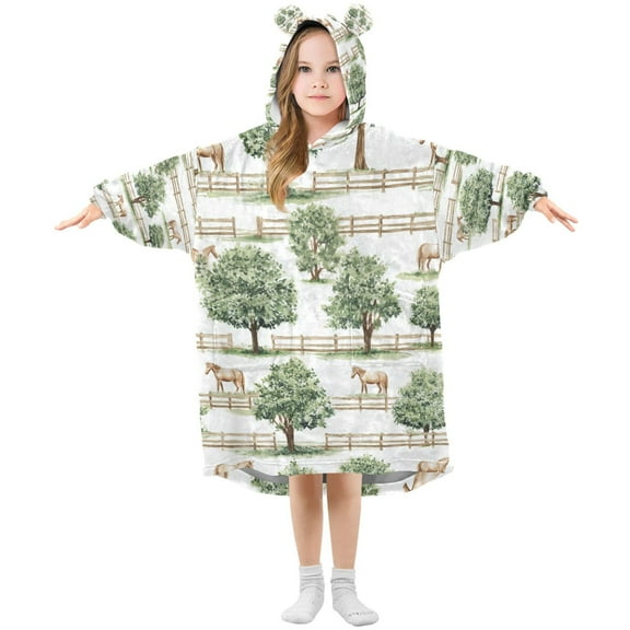 FORMRS Wearable Blanket Hoodie with Sleeves for Kids Cozy Flannel Sweatshirt, Watercolor Horses Pattern