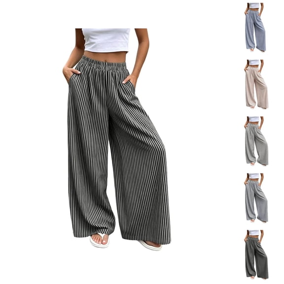 Wide Leg Pants Woman Elastic High Waist Loose Casual Lightweight Striped Flowy Palazzo Pants with Pockets