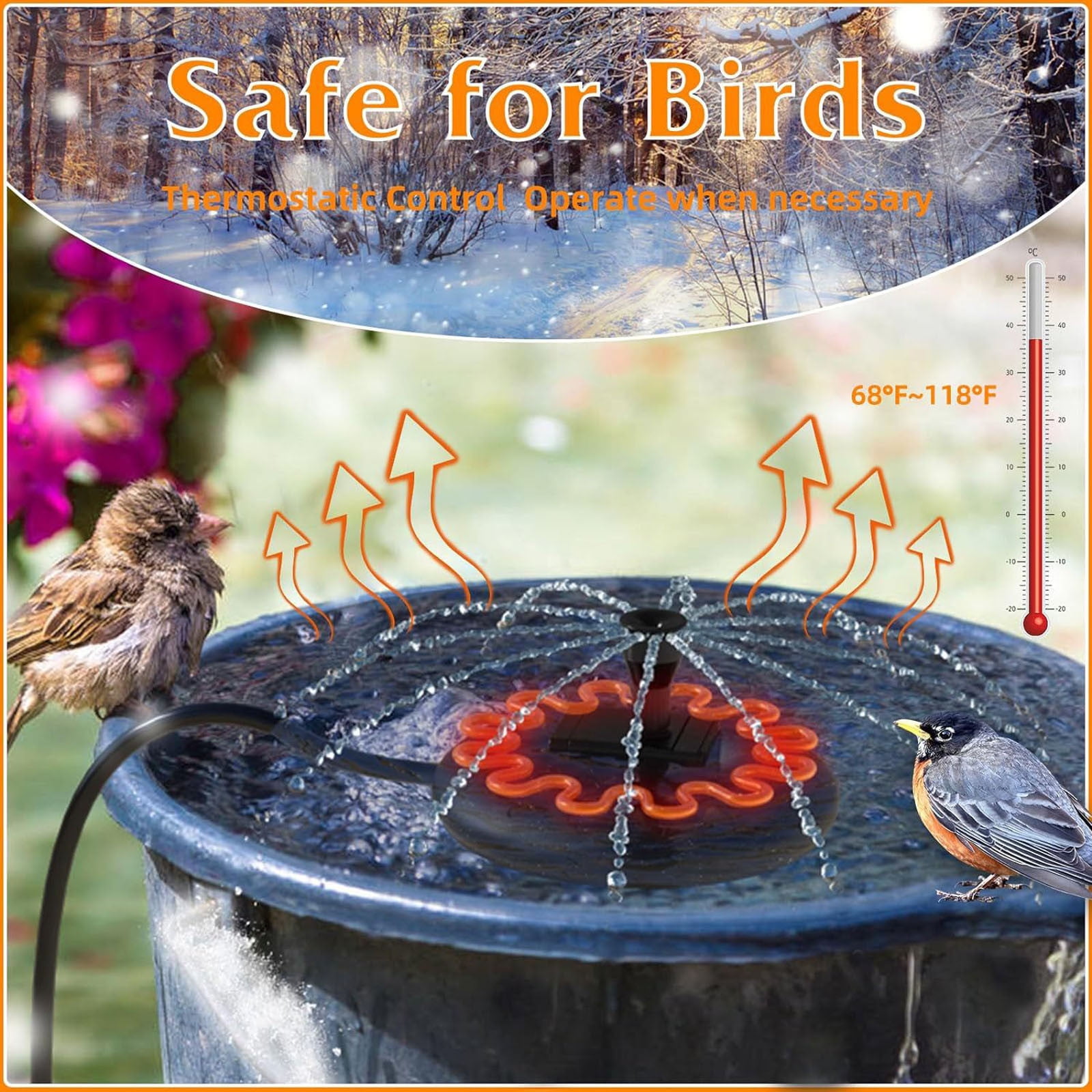 Chanana Bird Bath Heater with Fountain Pump Black, Heated Bird Baths for Outdoor in Winter, with Thermostatically Controlled and Cord, Heated Bird Bath, Birdbath Deicer for Garden Birdbath