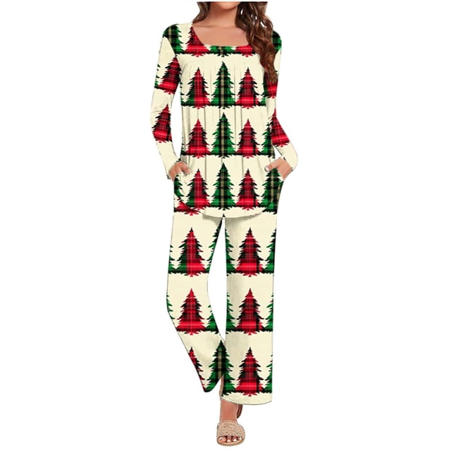 Puntoco Pijamas para mujer, moda para mujer, estampado navideño, cuello doblado, mangas largas, cintura elástica, pantalones, conjunto de pijama