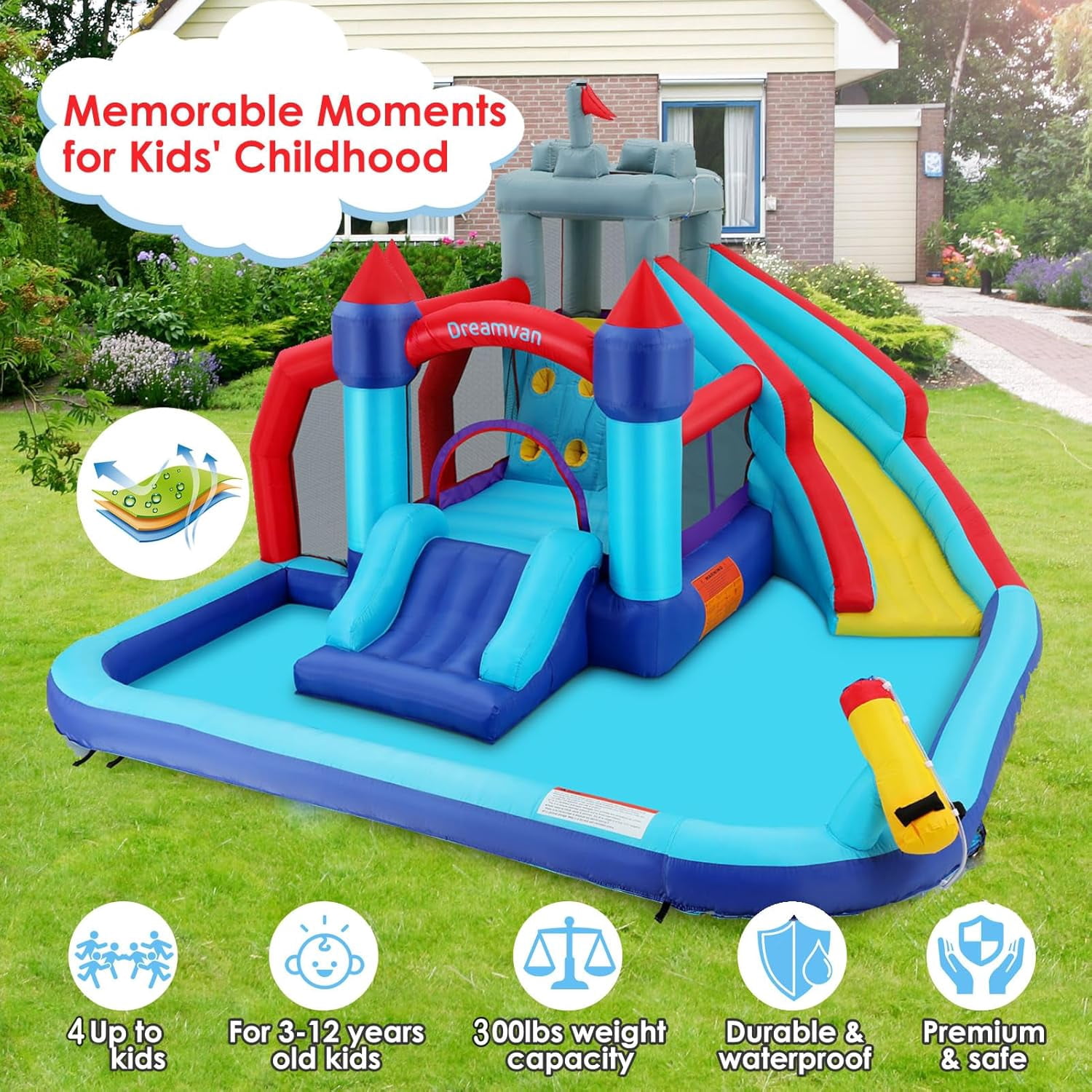 Veeboto Inflatable Bounce House for Toddlers with Blower, Inflatable Water Slide with Bouncing Slides, Climbing Wall, Bouncing Area, Basketball Hoop, Water Gun, Inflatable Castle with Football Area