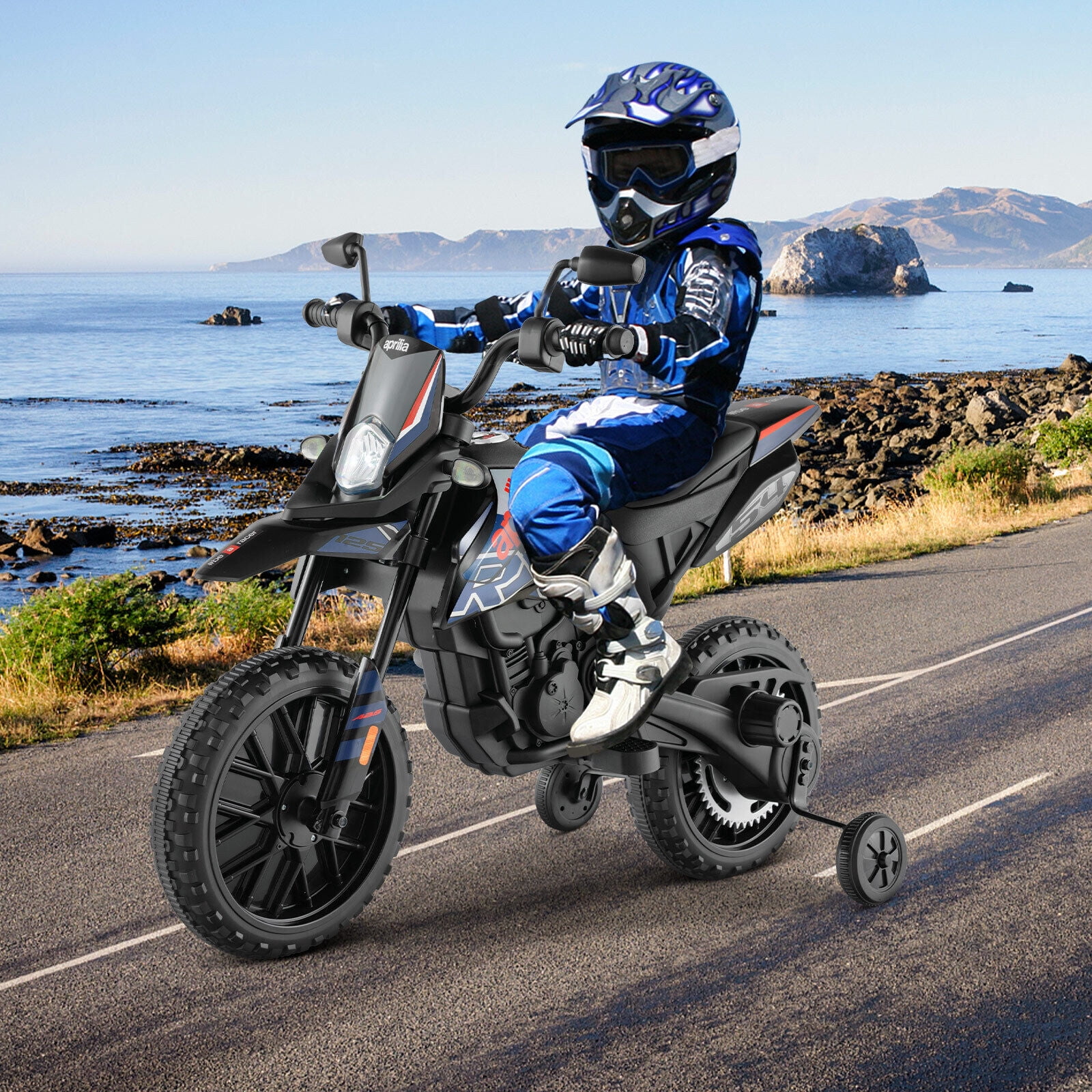 WERSEON Kids Motorcycle 12V, Licensed Aprilia Electric Ride on Motorbike for Toddlers Ages 3-6, Powered Ride on Toy w/ Training Wheels, Blue