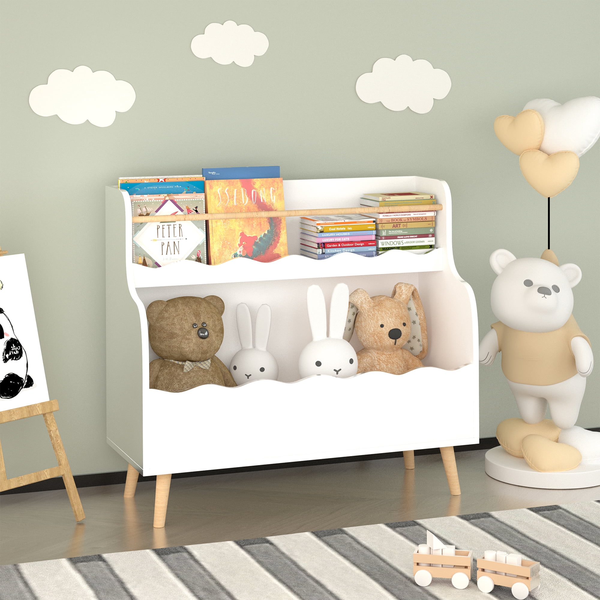 Kids Bookshelf with Wavy Compartments, 2-Tier MDF Book & Toy Organizer with Pine Legs, Anti-Tip Design for Bedroom Playroom Study Room