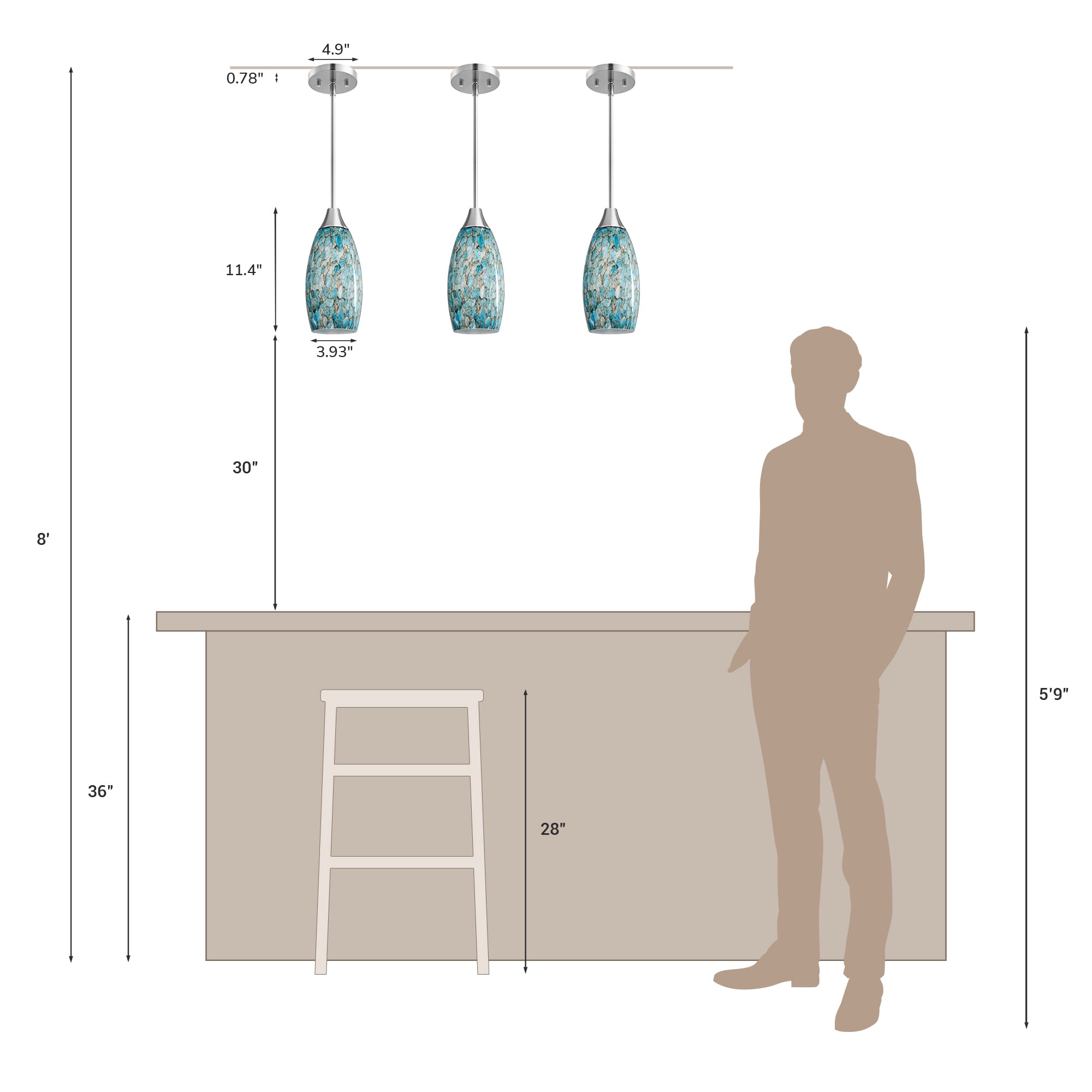 EDISHINE Pendant Lighting for Kitchen Island, Kitchen Island Lights, Hanging Light Fixture, Brushed Nickel Finished, E26 Socket, Blue