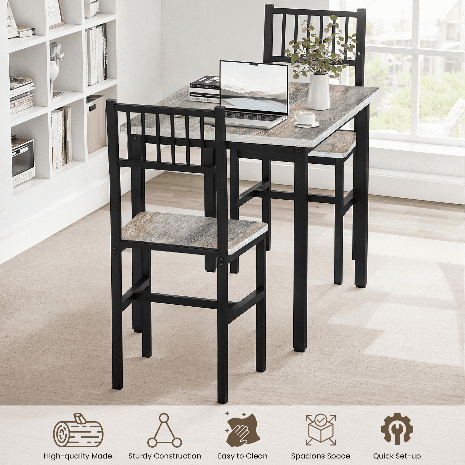 Lamerge 3 Piece Dining Table Set, Rustic Kitchen Table and Chairs Set, Thickened Solid Wood Carbon Plate, Breakfast Table Set for Small Spaces, Dining Room, Kitchen, Rustic Gray