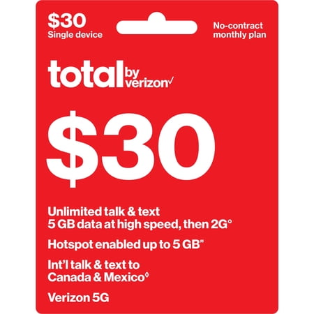 Total by Verizon $30 No-Contract Single-Device Unlimited Talk & Text Monthly Plan (5GB at High Speed) + Int'l Calling e-PIN Top Up (Email Delivery)
