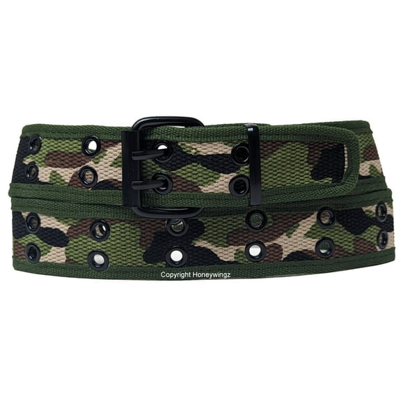 Camouflage Brown 2 Holes Row Metal Grommet Stitched Canvas Fabric Web Belt