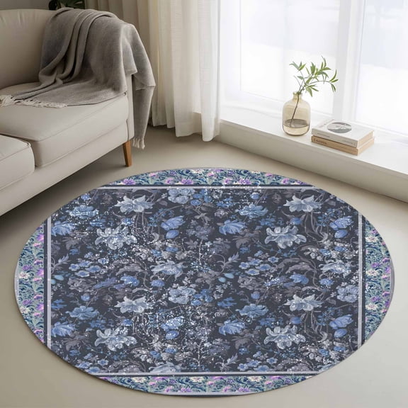 Navy Blue Floral Boho Round Rug 3ft Washable Circle Entryway Rugs Non Slip Ethnic Tribe Abstract Art Flower Area Rug Indoor Floor Carpet for Bedroom Kitchen Living Room Home Office Dining Room