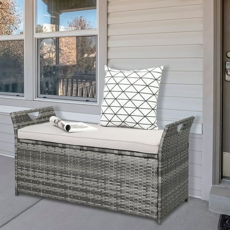 Zimtown 33 Gal/ 125L Wicker Deck Wicker Storage Box w/ Beige Cushion Rattan Bench for Balcony
