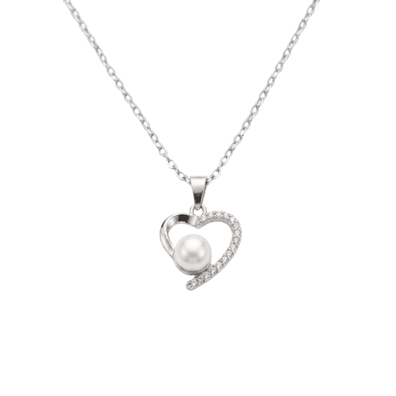 Elegant Silver-Tone Heart Pearl Pendant Necklace for Women, Crystal Studded Love Heart Charm with Adjustable Chain, Fashion Jewelry Gift for Women