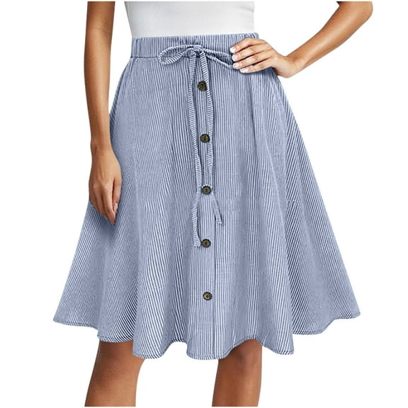 Npasoilc Skirts for Women Drawstring Elastic Waist Button Decorated Ruffle Hem Skirts Lightweight Breathable Knee-Length Skirts Casual Loose A-Line Skirts