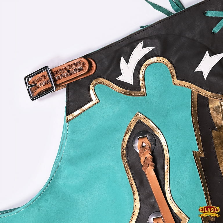 Chaps De Rodéo En Cuir Véritable Hilason Pour Homme – Turquoise Et Or, Taille 38
