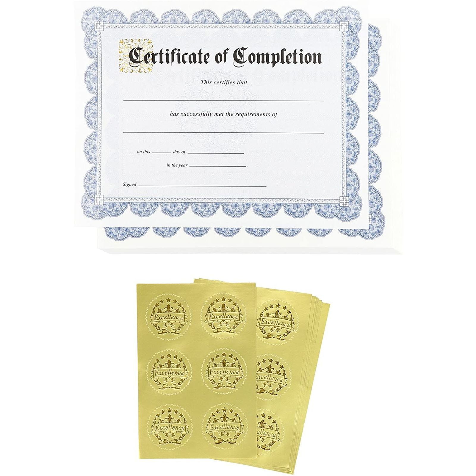 48-Pack Certificate of Completion with Gold Foil Seal Stickers for Student, Blue Border, Letter Size