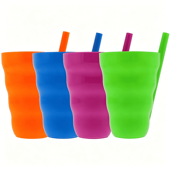 ACDANC (Set of 4) Plastic Straw Cups with Built-In Straws – 22Oz Stackable Plastic Tumblers – Bpa-,Reusable Drinkware – Dishwasher Safe – Water,Juice,Milk