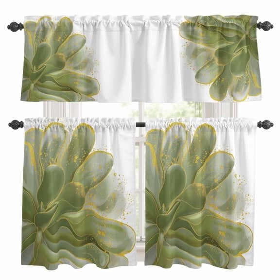 Sage Green Gold Kitchen Curtains Sets for Windows 24 Inch Length, Aesthetics Flower Boho Watercolor Art Rod Pocket Window Treatments Tier Curtains and Valances Set for Bedroom/Bathroom