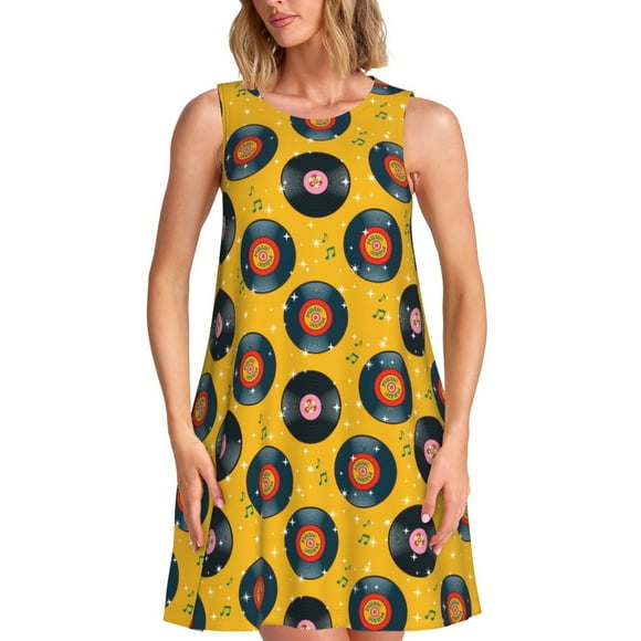 Cauagu Retro Vinyl Records for Womens' Summer Dresses,Sleeveless Sundresses Vacation Casual Dress Round Neck Dresses with 2 Pockets