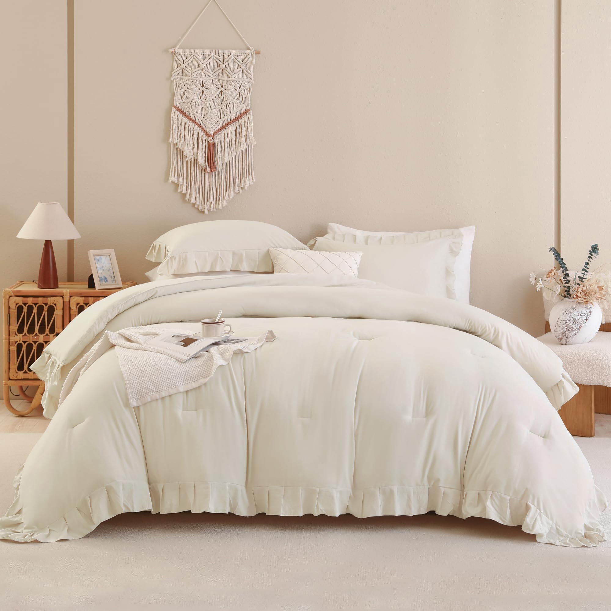 ANGENIA Beige Comforter Set Full Size, 3 Pieces Cream Ruffle Comforter Full, All Season Farmhouse Soft Lightweight Fluffy Microfiber Bed Set (79"x90" Comforter & 2 Pillowcases)