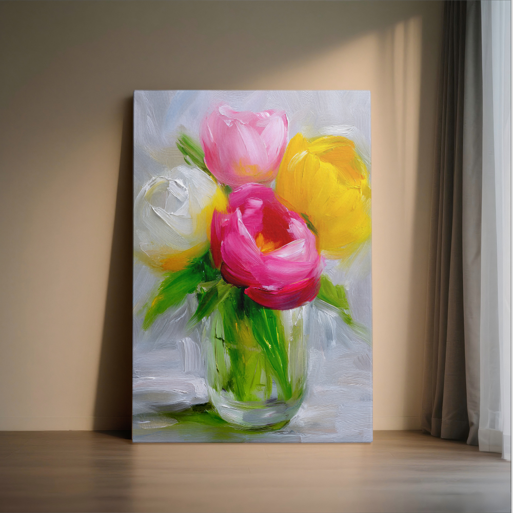 Topbout Art Abstract Painting Style Tulips in a Glass Vase 28 in x 40 in Framed Painting Canvas Art Prints