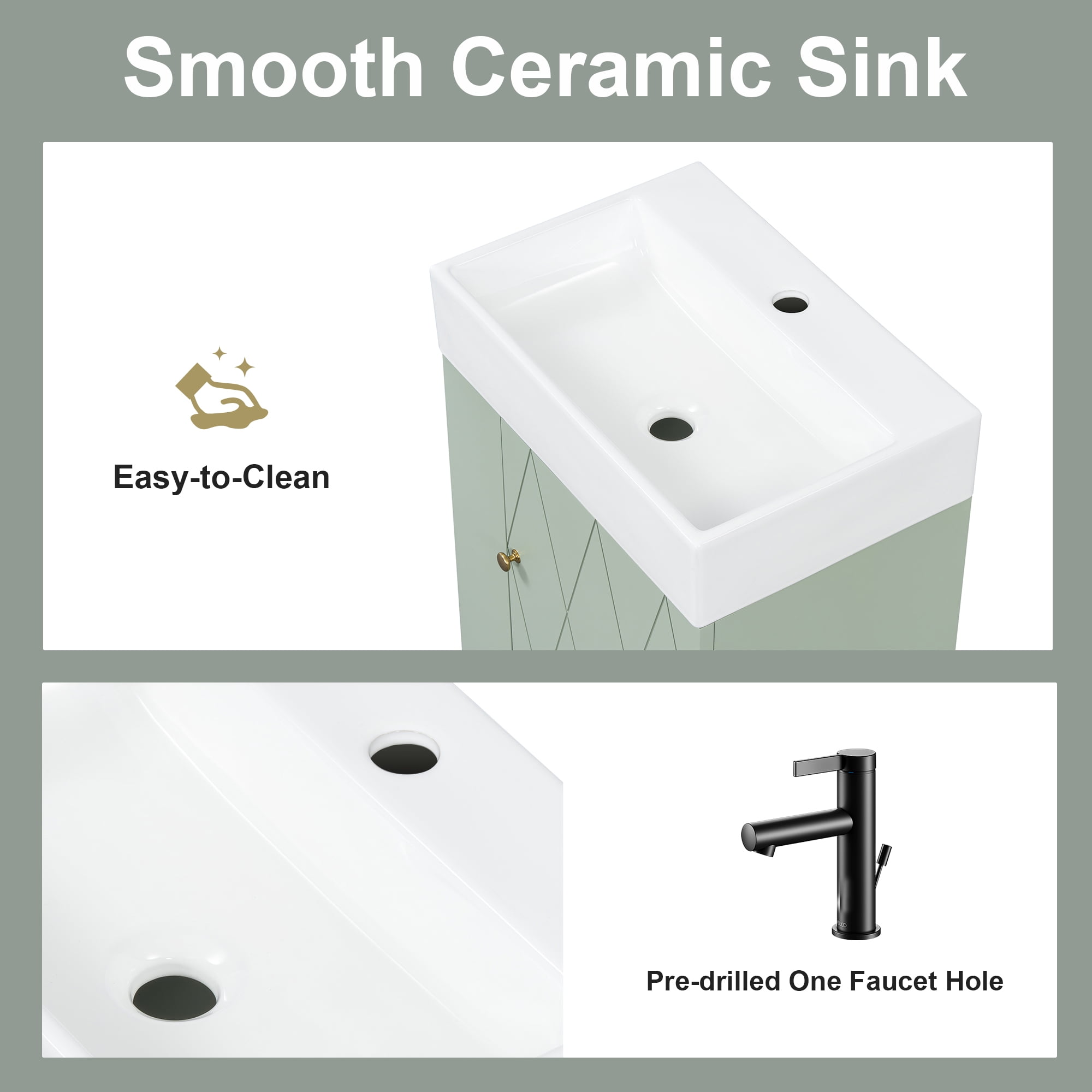 20 Inch Bathroom Vanity with Ceramic Sink, Diamond Pattern Door Design, Gold Handle & Side Storage Shelves – Modern Small Space Cabinet with Towel Bar, MDF Construction, Assembly Required