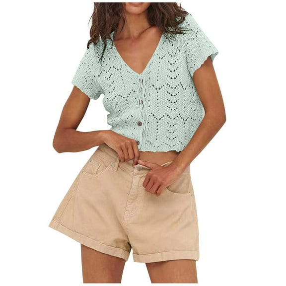 Oversized Cardigans for Women Trendy New Women Tie Front Crochet Tops V Neck Button up Short Sleeve Knitted Sweaters Lightweight Hollow Cardigan Light Blue S