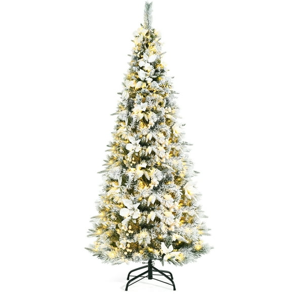 Gymax 6 FT Pre-Lit Artificial Snow-Flocked Christmas Tree Hinged Pencil Xmas Tree