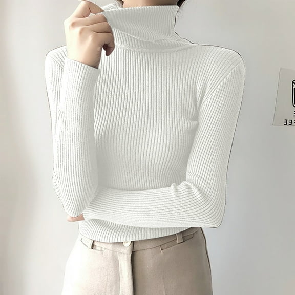 Vetsdori Womens White Sweaters Long Sleeve Pullover Trendy Plain Turtleneck Soft Holiday Sweaters for Women