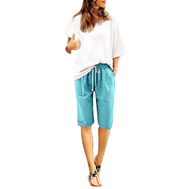 Pantalones cortos de algodón de cintura alta para mujer - Cintura elástica, bolsillos - Pantalones de playa/entrenamiento de cinco puntos - S-XXL