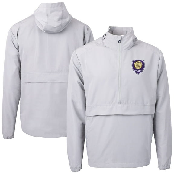 Men's-Cutter & Buck Gray Orlando City SC Charter Eco Recycled Anorak Hooded Half-Zip Jacket