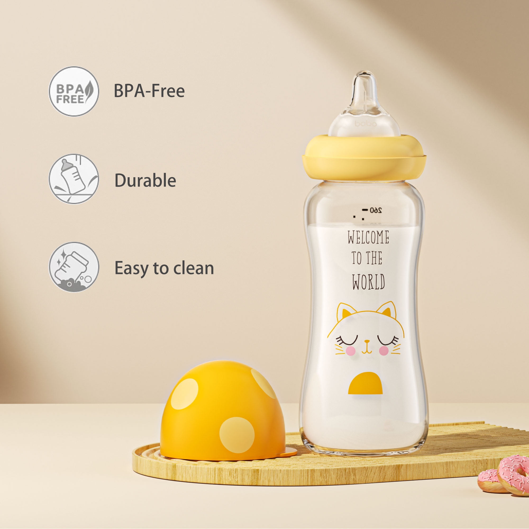 YOHKOH Anti-colic Glass Baby Bottles,with Vent,Mushroom Cap,8.8 oz/260ml,2pk,Yellow
