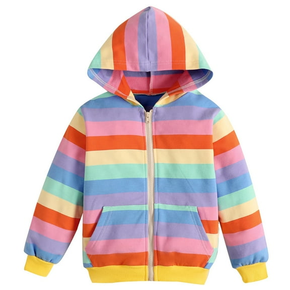 2-9Year Kids Baby Girls Rainbow Pullover Hoodies Sweatshirt Casual Zip Up Loose Outwear Coat with Pockets