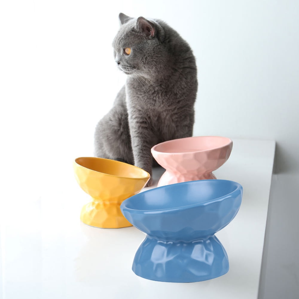 Tilted Cat Bowl Anti Vomiting, Double Raised Cat Bowls for Food and Water, Elevated Ceramic Small Dog Feeder, Protect Pet's Spine, Dishwasher Safe, Porcelain Slanted Dishes - BLUE