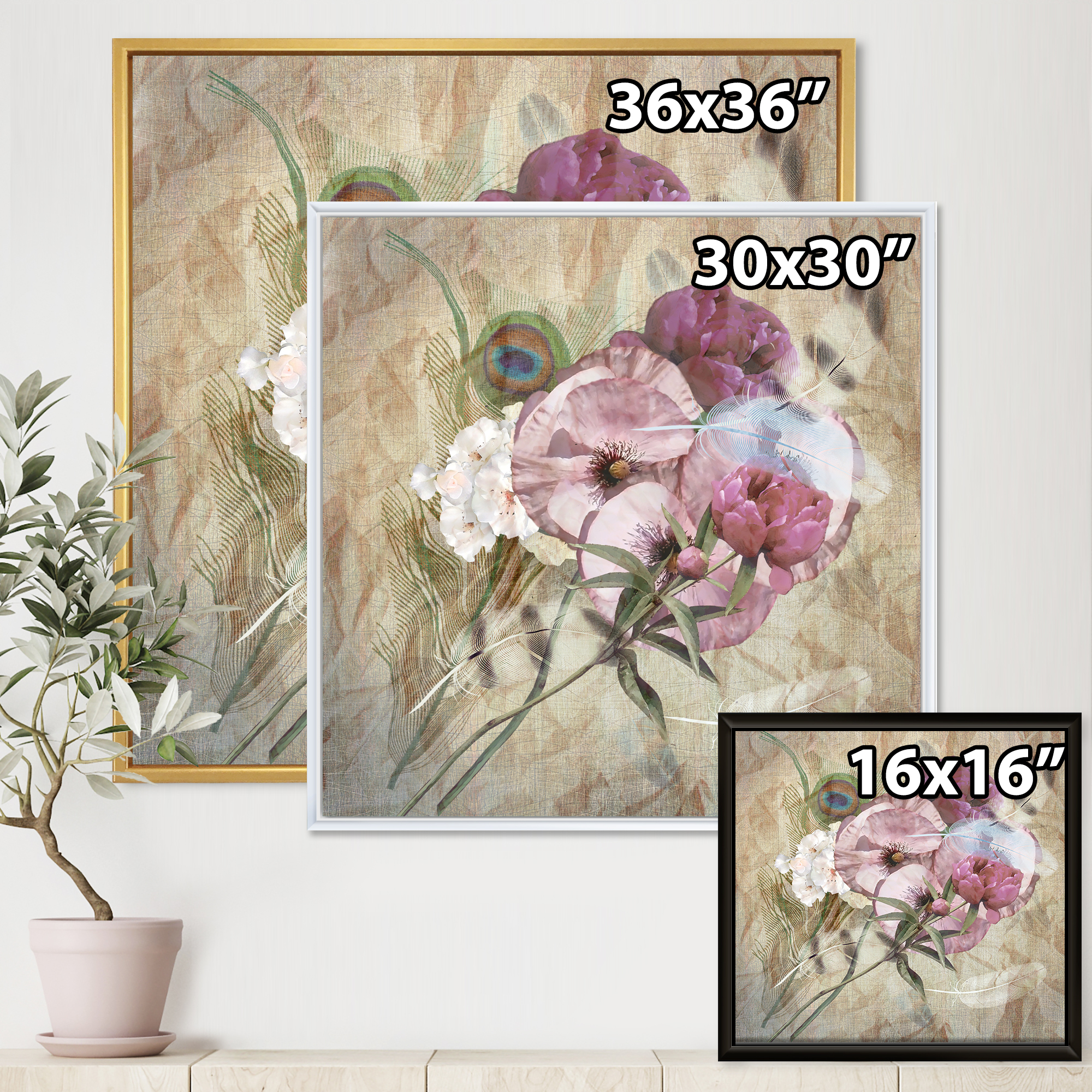 Designart 'Iris Bouquet Floral Design With Peacock Feather' Traditional Framed Canvas Wall Art Print