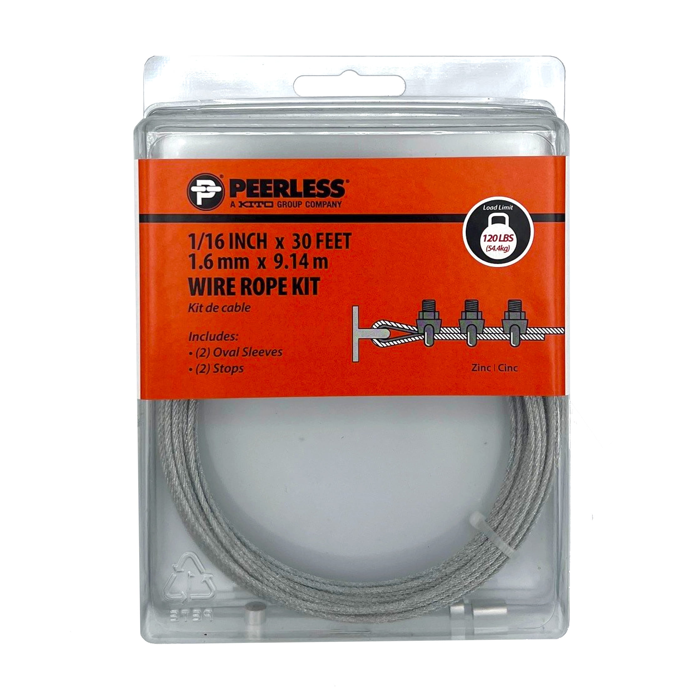 (2 pack) 1/16" Galvanized Wire Rope Kit with Ferrules and Stops, 30', Peerless Chain Company, #4742860