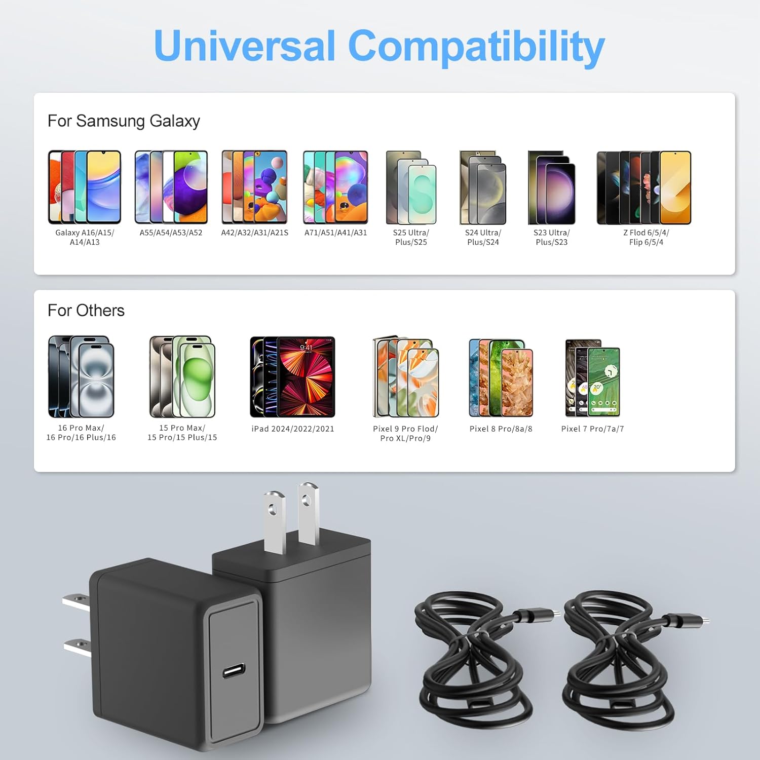 NEOYFC 2 Pack 25W USB C Super Fast Charger for Samsung Galaxy A16 5G/A15/A14/A13/A55/A54/A53/A52/A51/A71/A43/A42/S25 Ultra/S24+/S23/W25/Z Flod6, PD Port Wall Charging Block + 2 * 6.6ft Type C