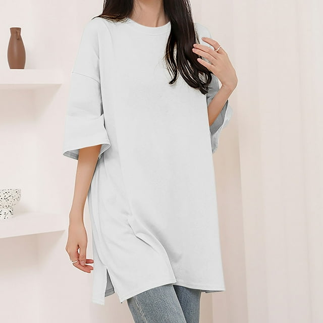 Fiudx Camisas para Mujer Camiseta Holgada de Manga Corta Informal de Color Sólido para Mujer, Top con Cuello Redondo