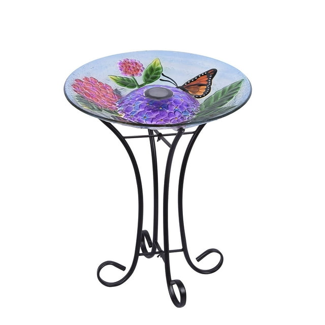Bañera solar LED para pájaros Hi-Line, regalo con forma de mariposa, cristal floral