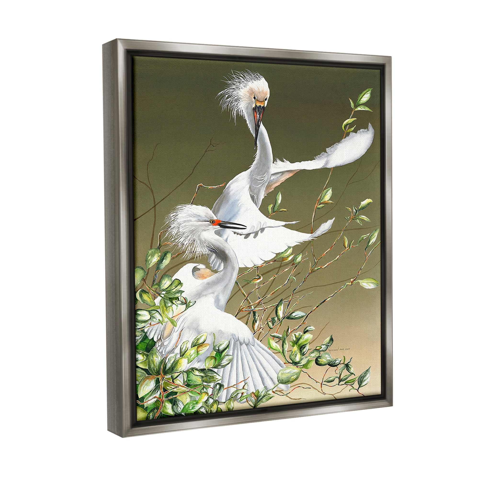 Stupell Industries Egrets Flapping Wings Animals & Insects Painting Gray Floater Framed Canvas Art Print Wall Art, 17 x 21